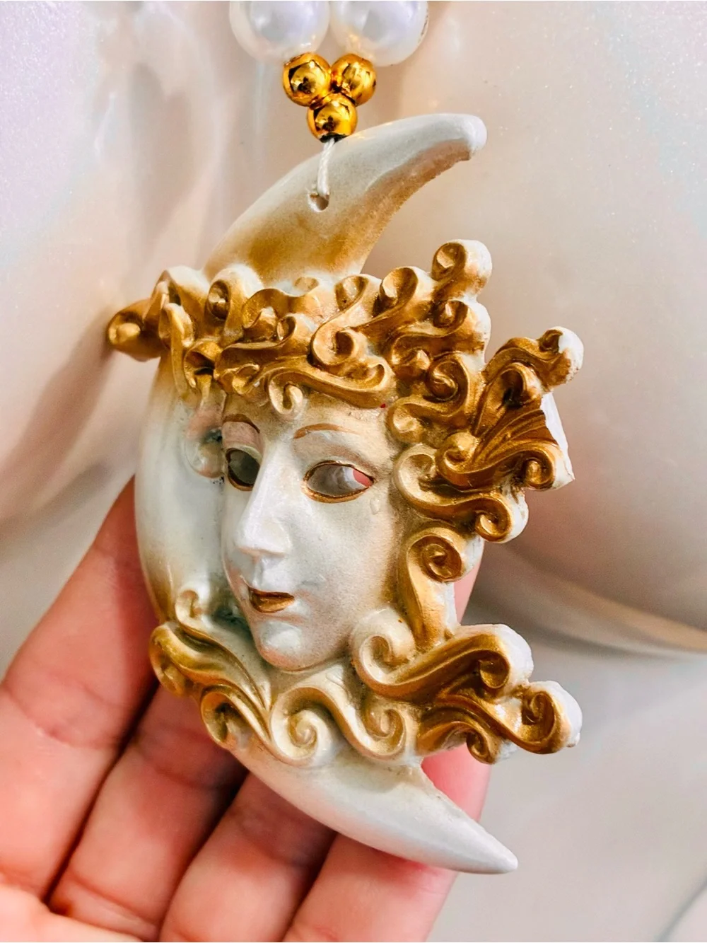 Venetian-Style Mardi Gras  White Pearl Bead Necklace with Gold Moon Mask Pendant